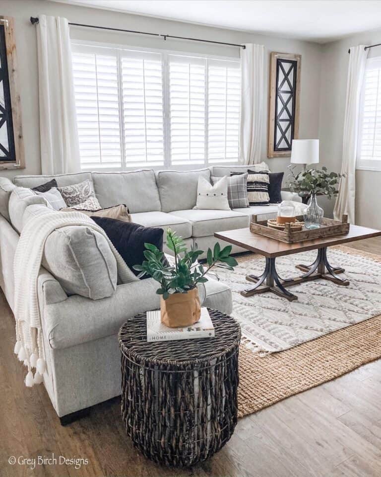 Living Room with White Window Treatments