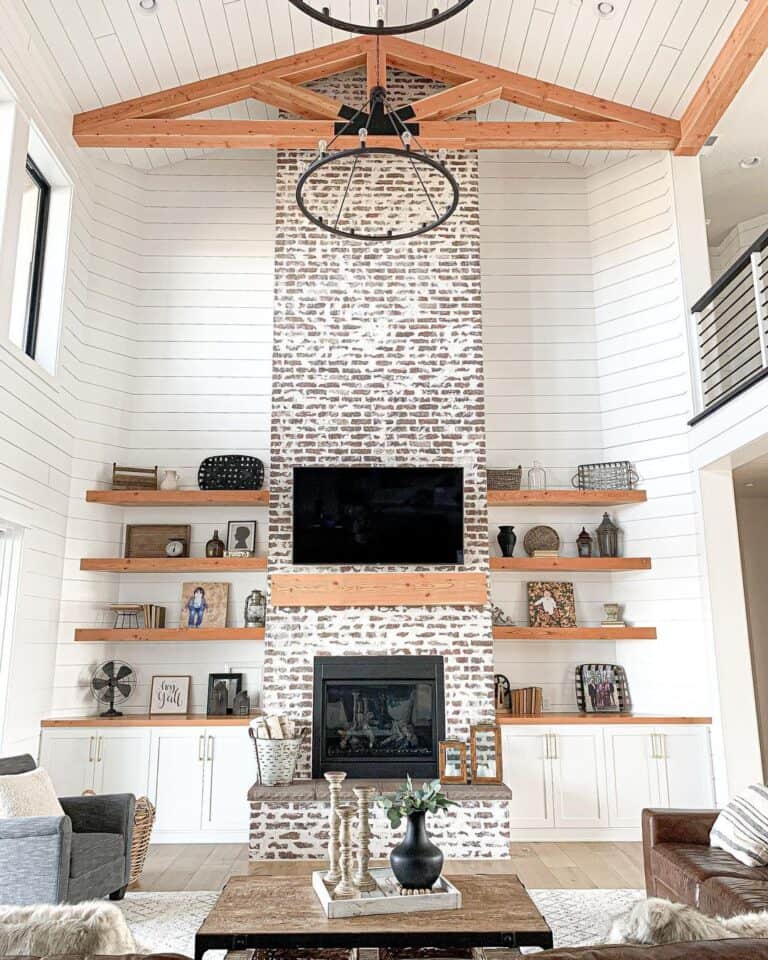 Living Room with Wood Truss Shiplap Ceiling