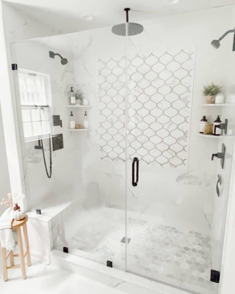 Marble Shower with Quatrefoil Pattern Accent Wall