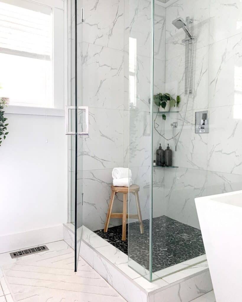 Marble Tile Shower with Glass Enclosures