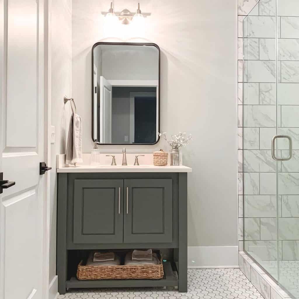 Marble Tile Shower with Glass Shower Door