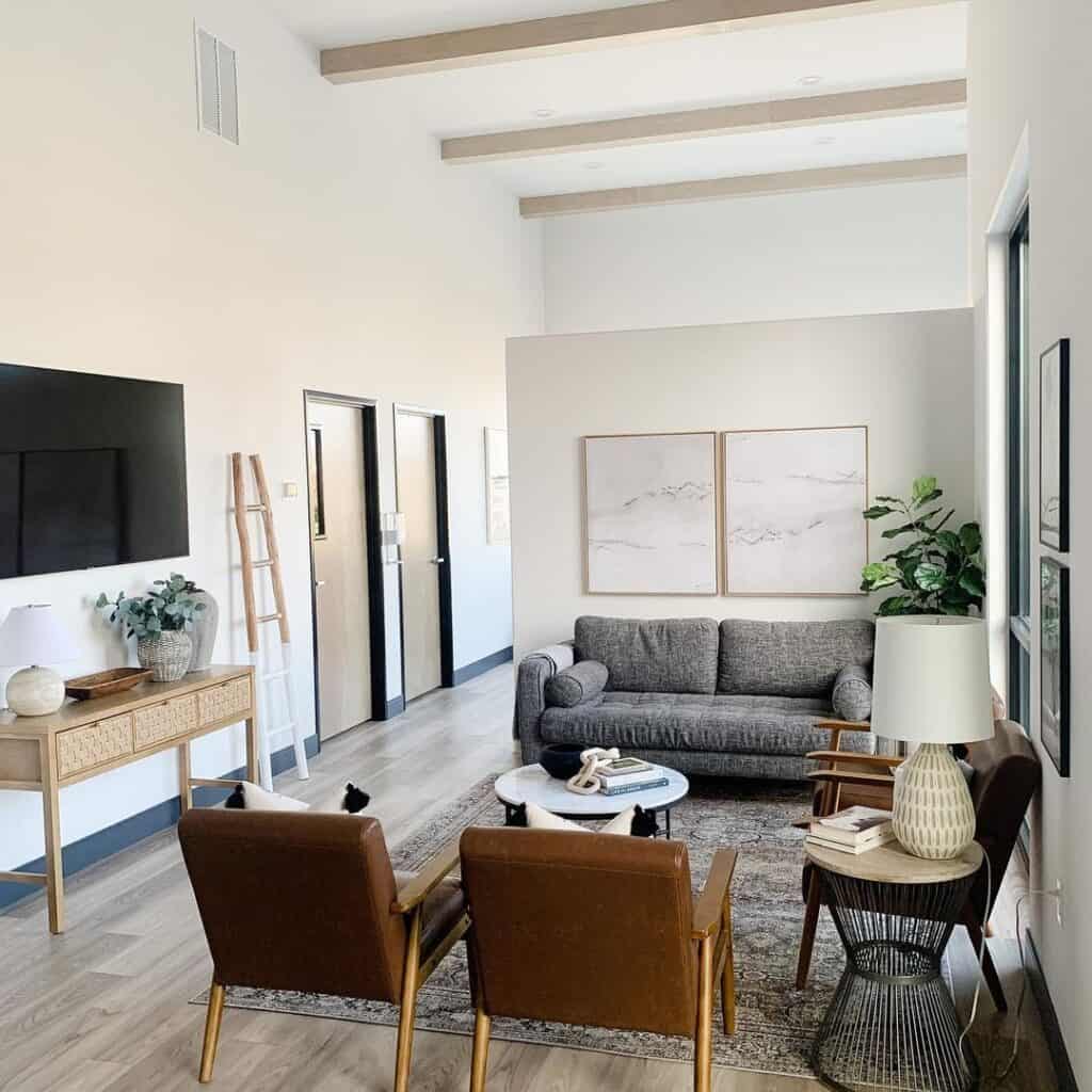 Office Space with Blond Wood Ceiling Beams