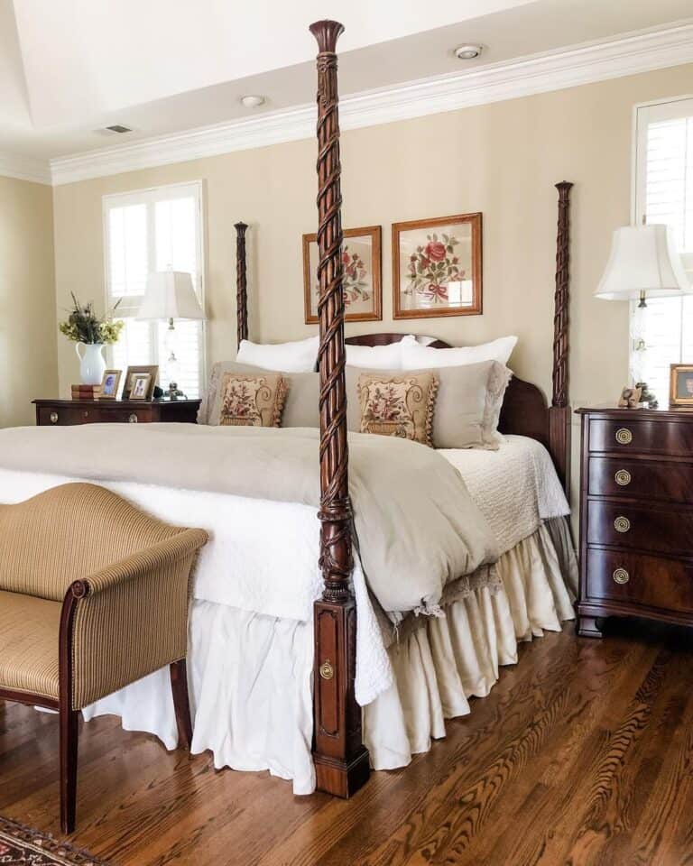 Ornate Stained Wood Four Poster Bed