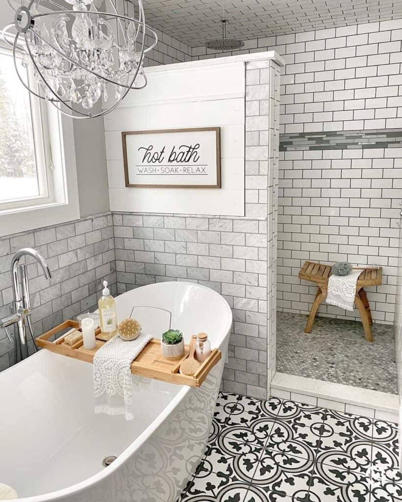 White Subway Tile Shower with Bench