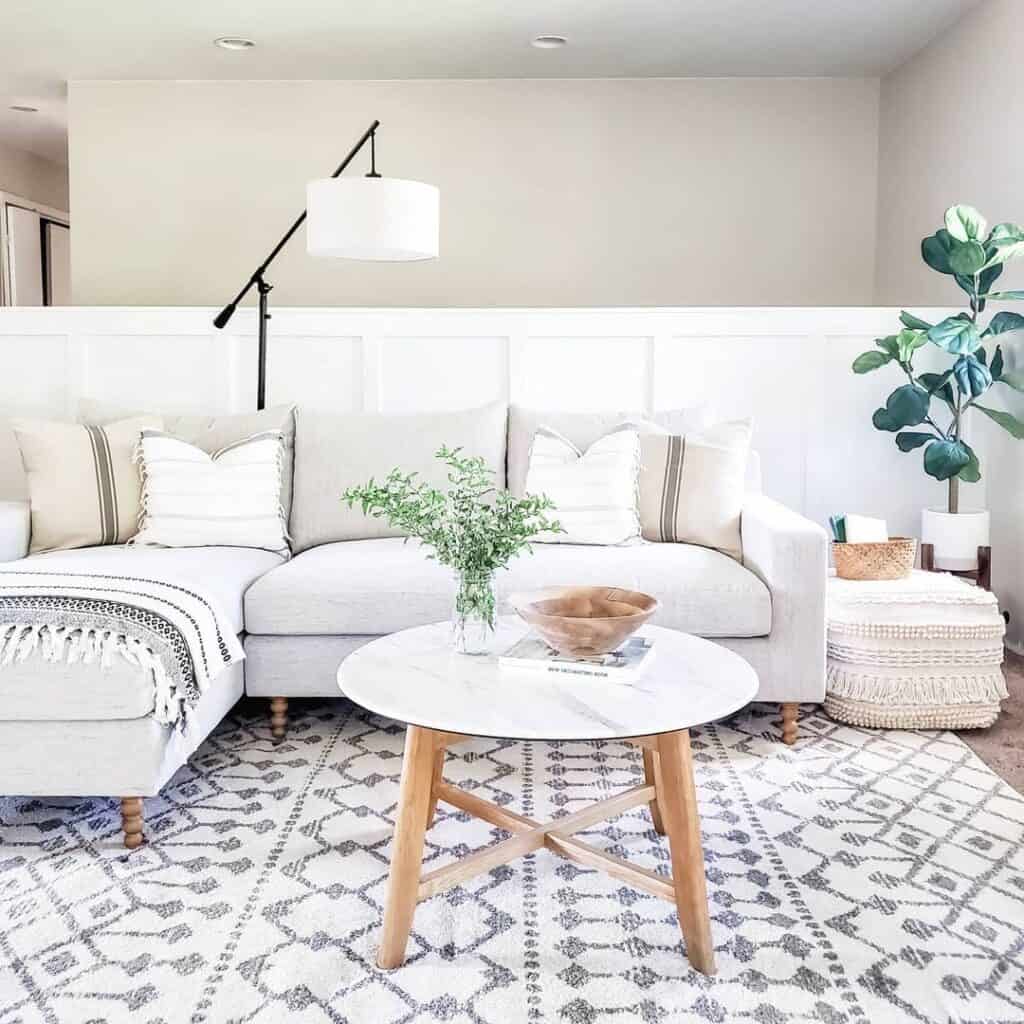 Round White Marble and Light Wood Coffee Table