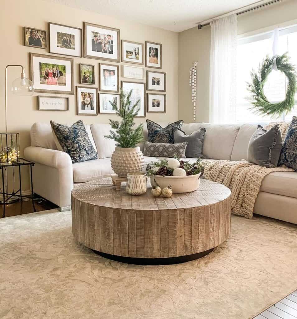 Round Wood Coffee Table for Beige Sectional Sofa