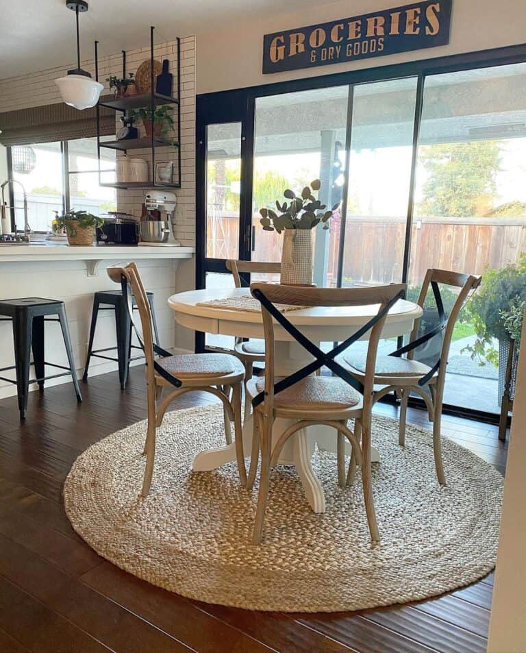 White Dining Table with Round Jute Rug