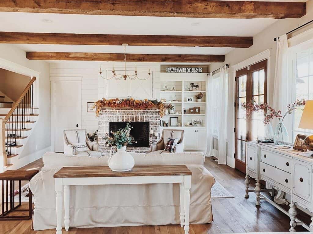 Stained Wood Beams on White Ceiling