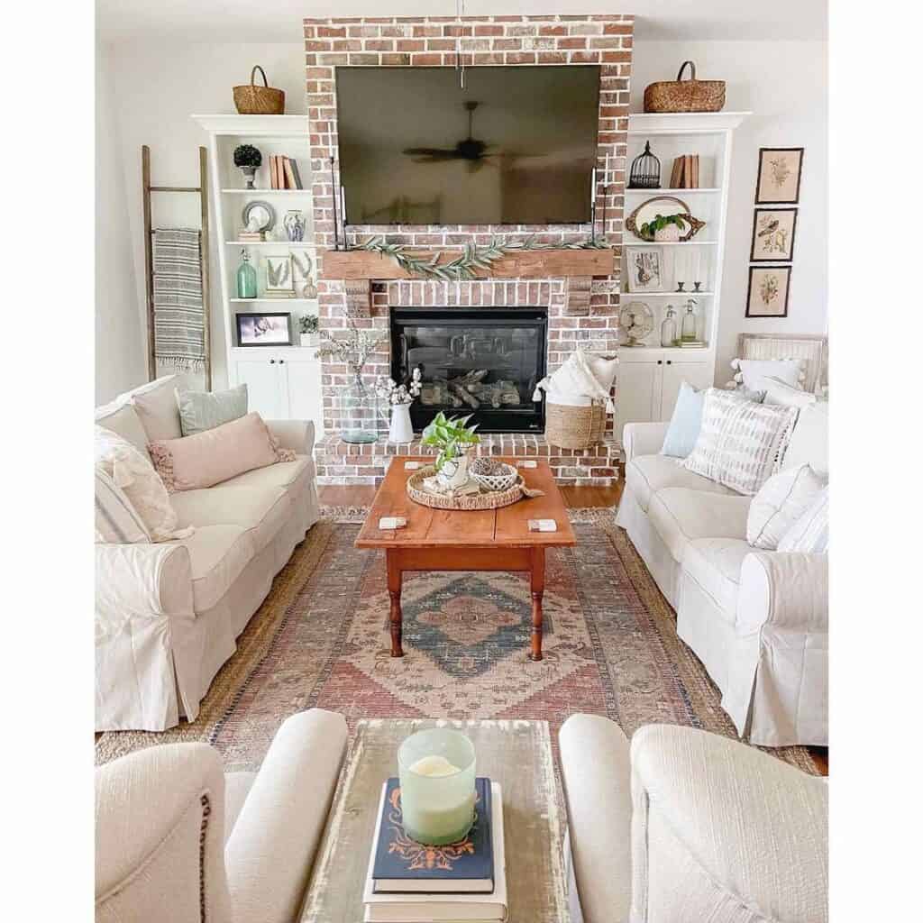 Stained Wood Coffee Table with Beige Couches