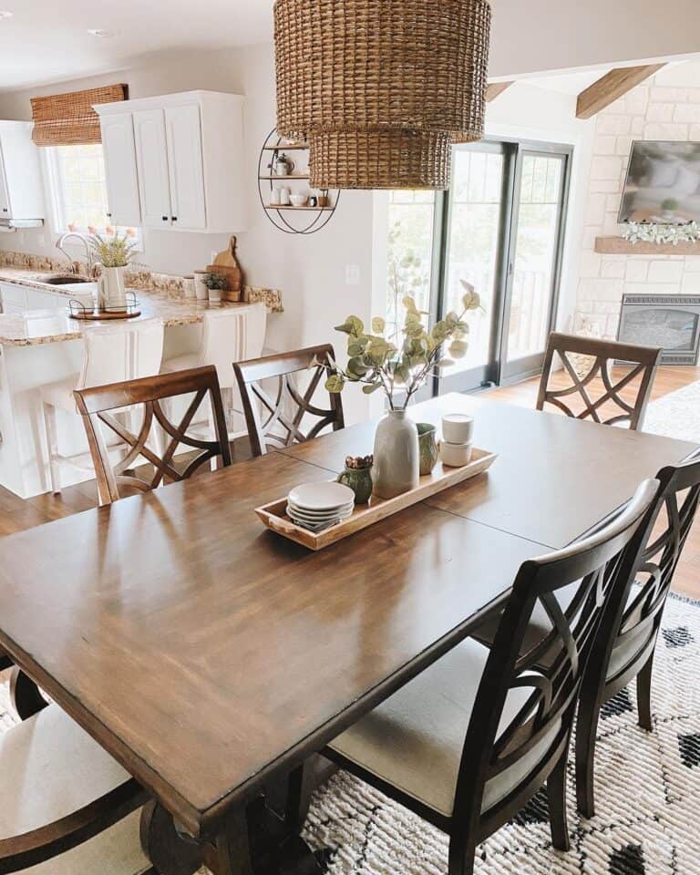 Stained Wood Dining Table with Lattice Back Chairs