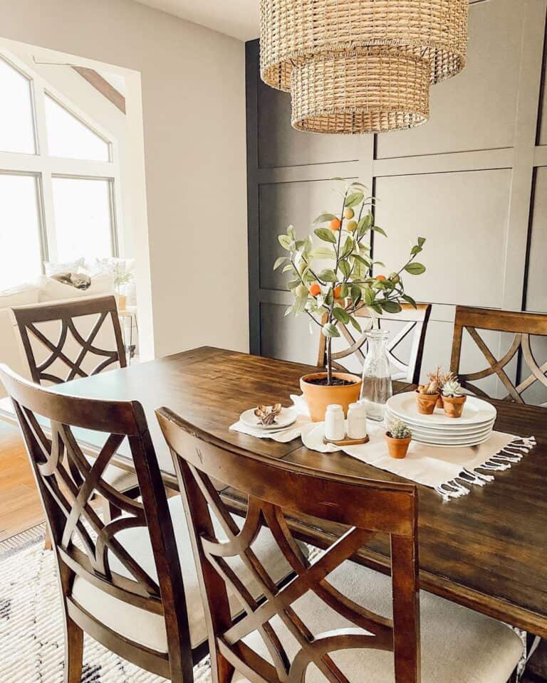 Stained Wood Lattice Back Dining Chairs