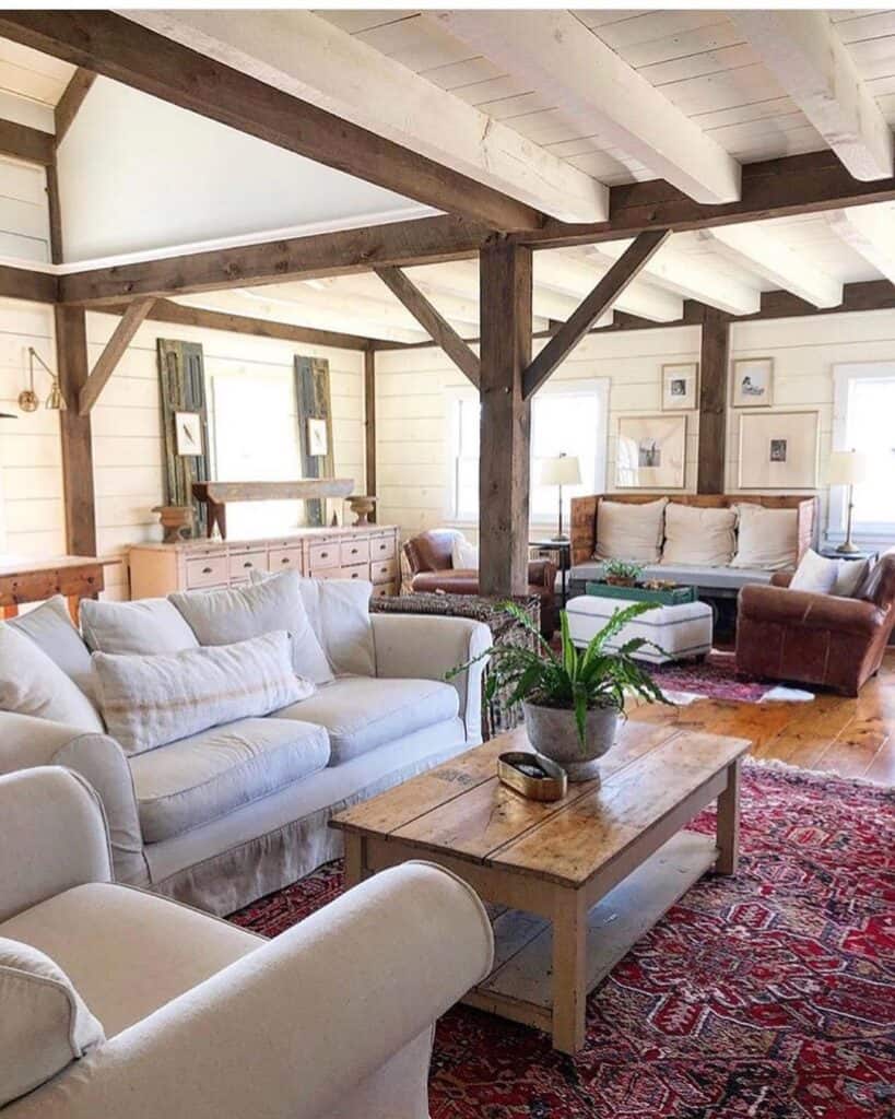 Stained Wood Living Room Pillars and Beams