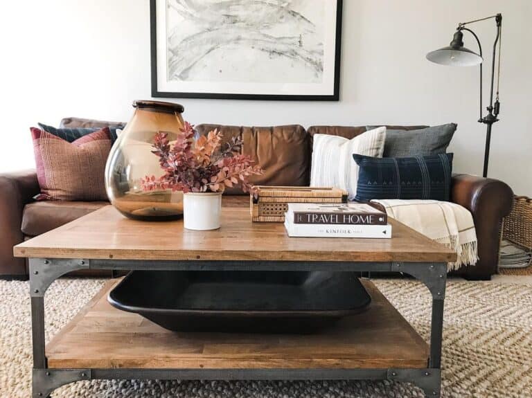 Stained Wood and Gray Metal Coffee Table
