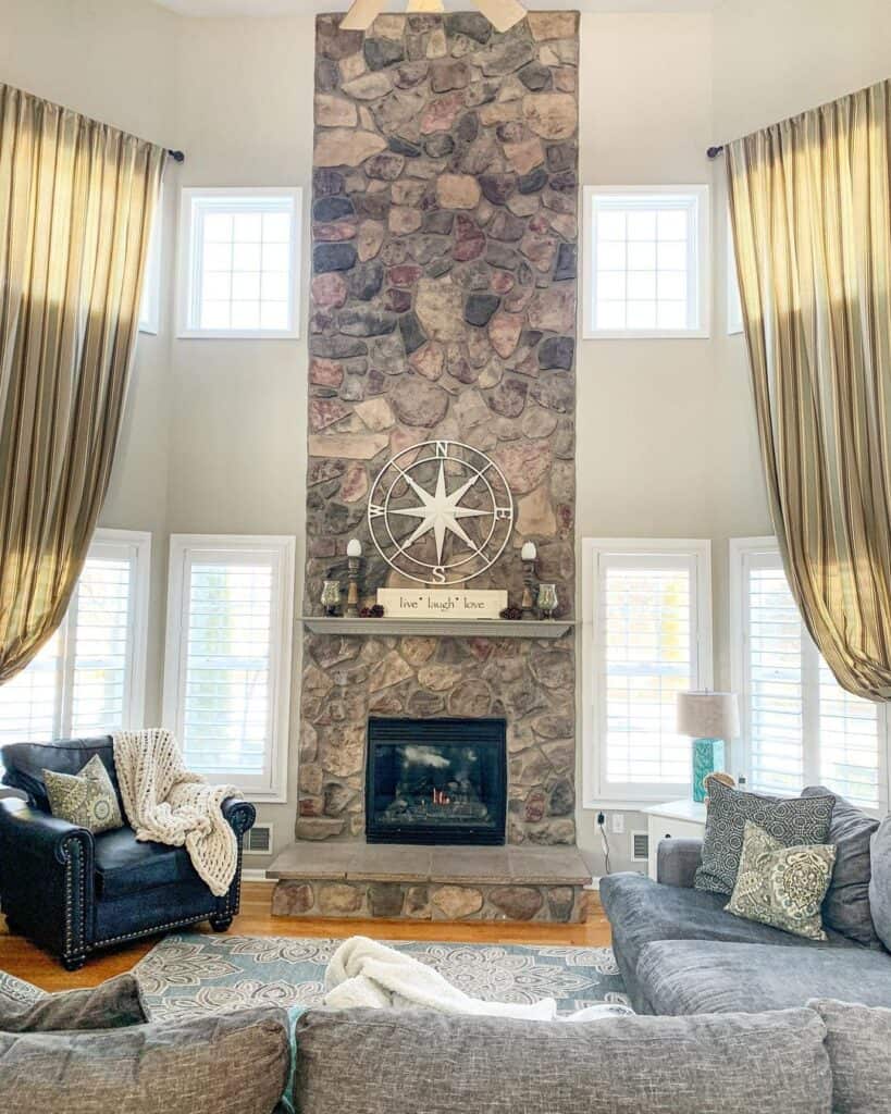 Two Story Family Room with Uneven Stone Fireplace