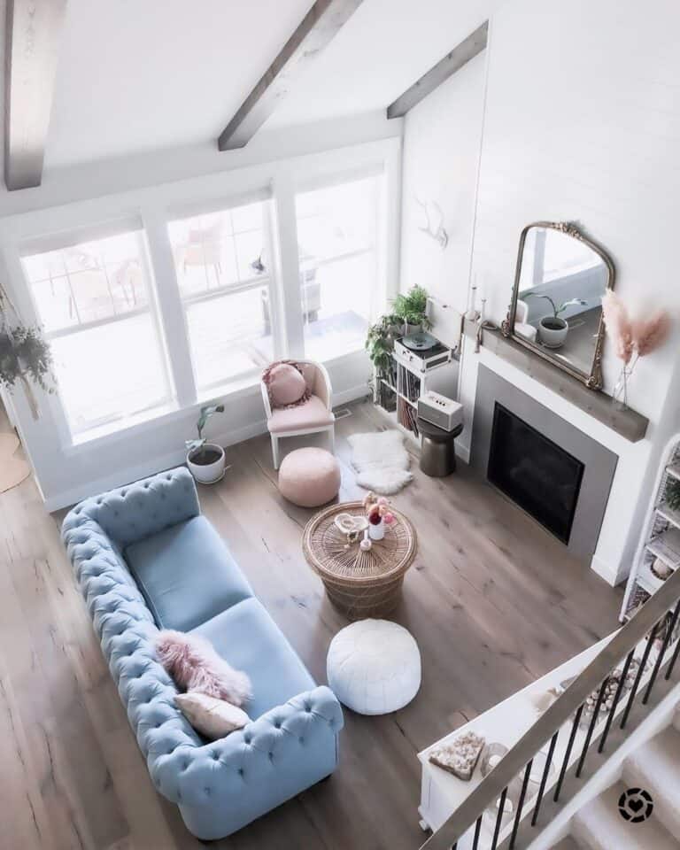 Two Story Living Room with White Shiplap Fireplace