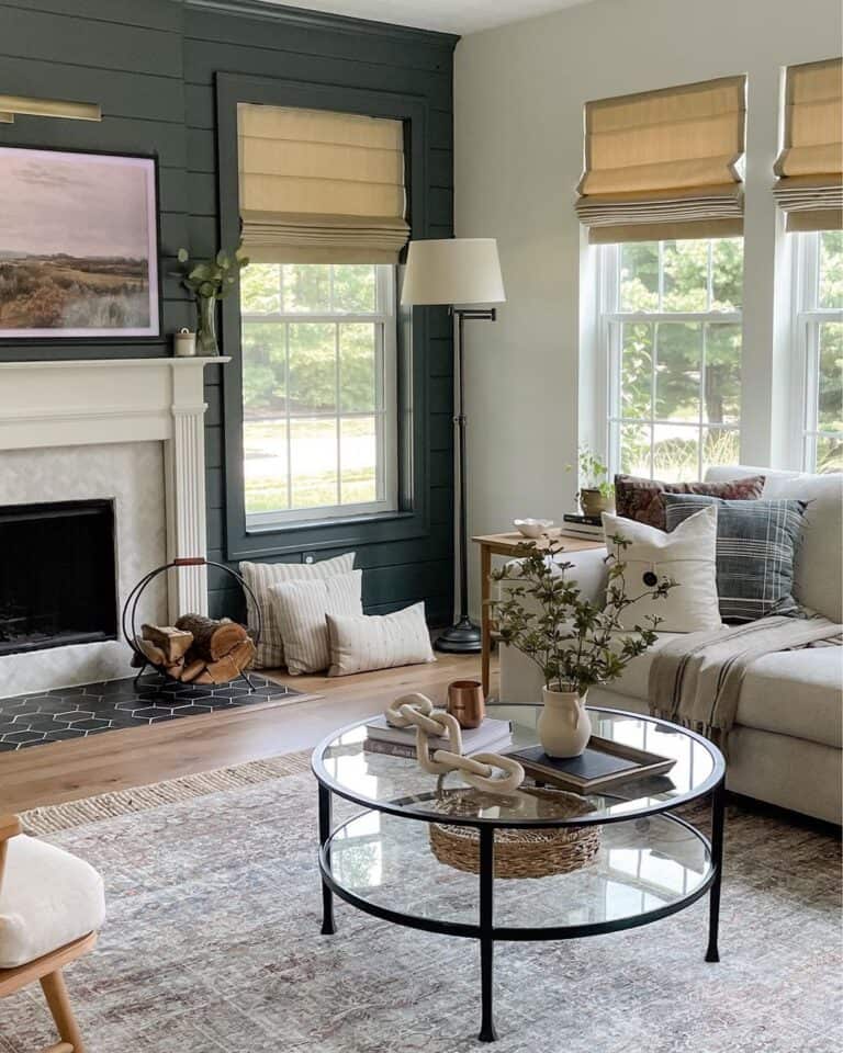 Two-tier Glass Coffee Table with Beige Couch
