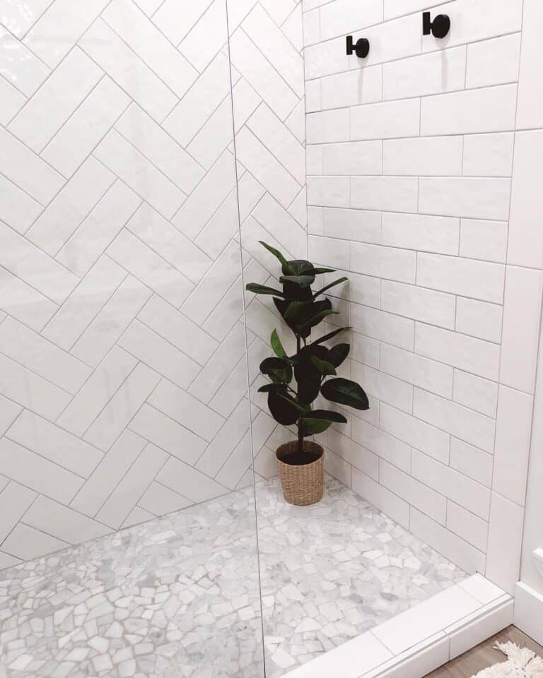 Subway Tile Shower with Herringbone Accent Wall