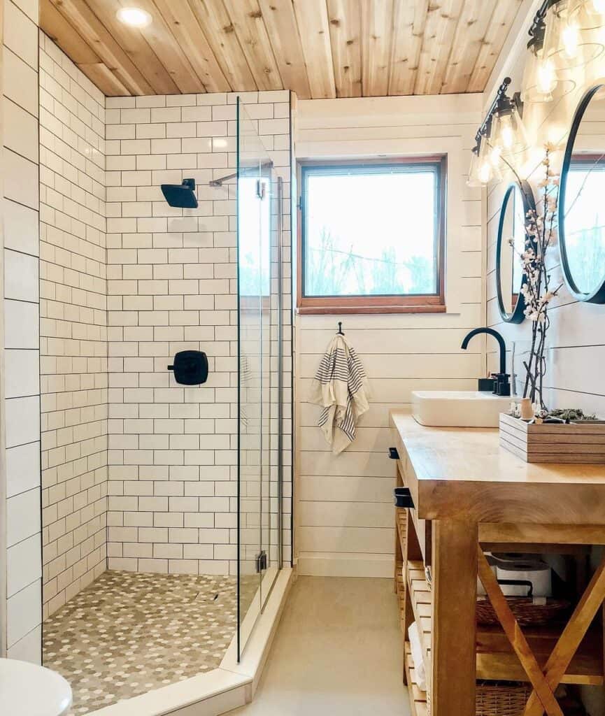 White and Gray Hexagon Tile Shower Pan