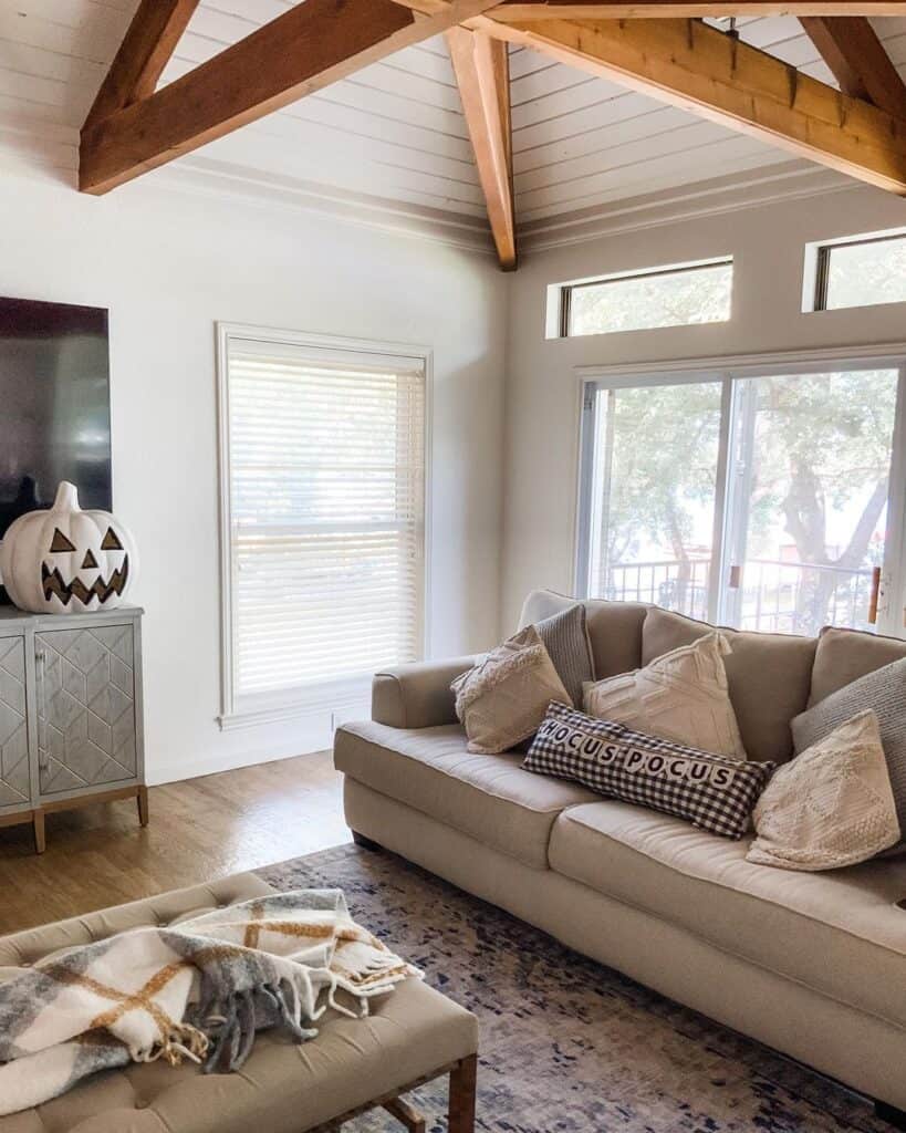 Vaulted White Shiplap Ceiling with Beams
