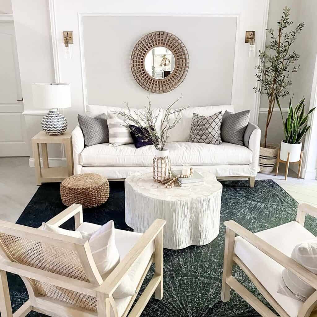 White Couch with Beige Cane Chairs