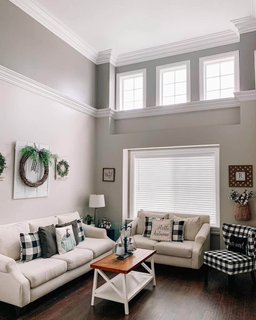 White Farmhouse Living Room Window Blinds