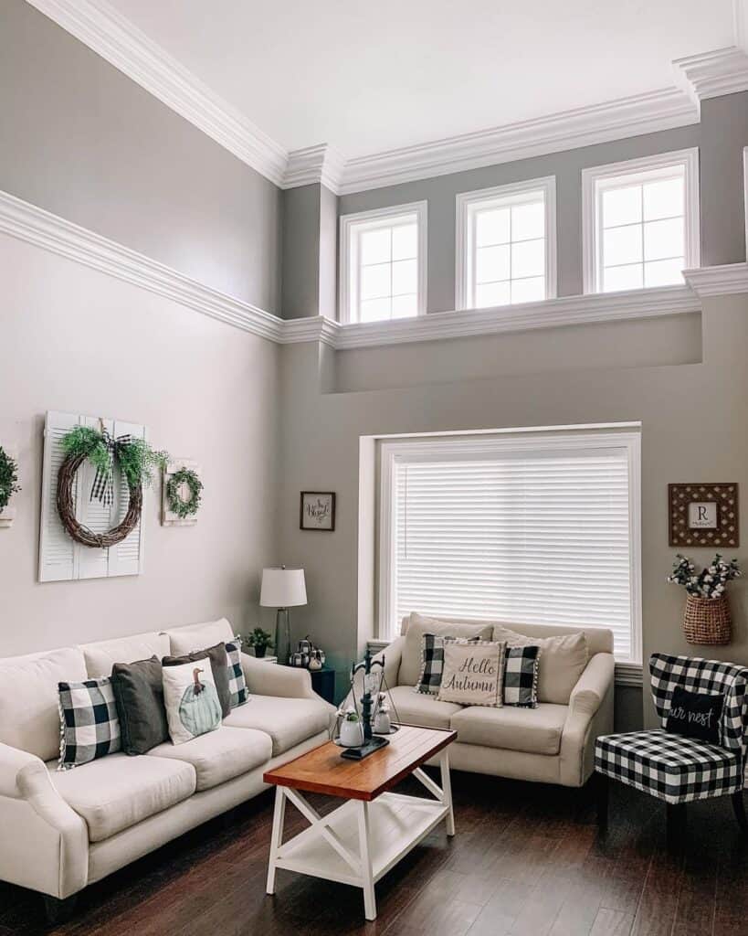 White Farmhouse Living Room Window Blinds