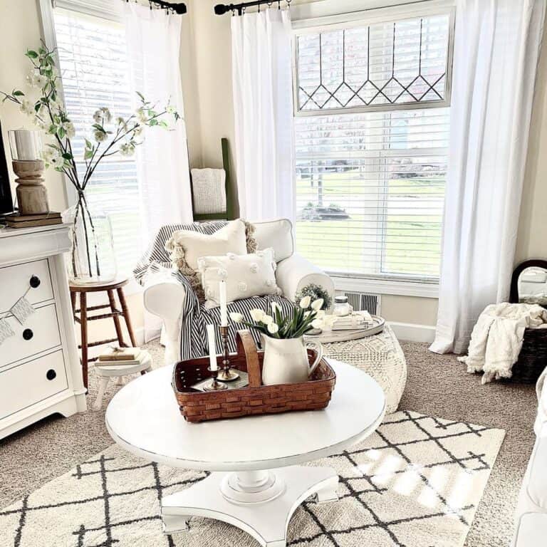 White Farmhouse Living Room Window Treatments