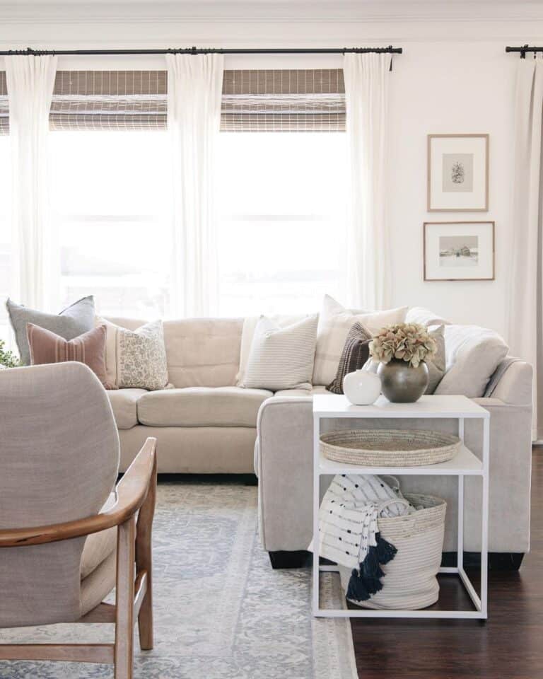 White Farmhouse Windows with White Curtains