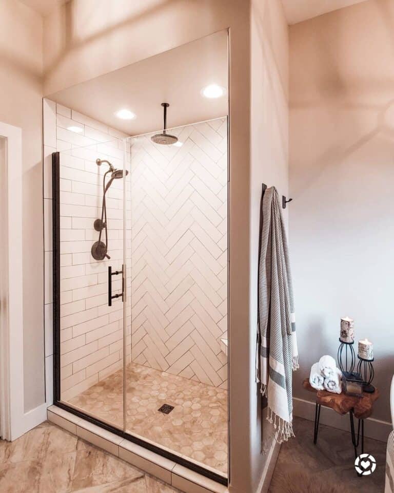 White Herringbone Tile Shower Feature Wall