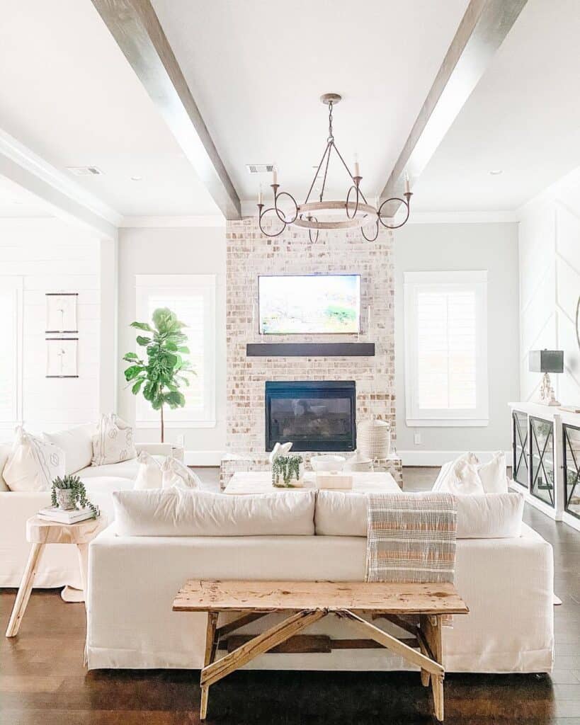 White Living Room Ceiling with Round Chandelier