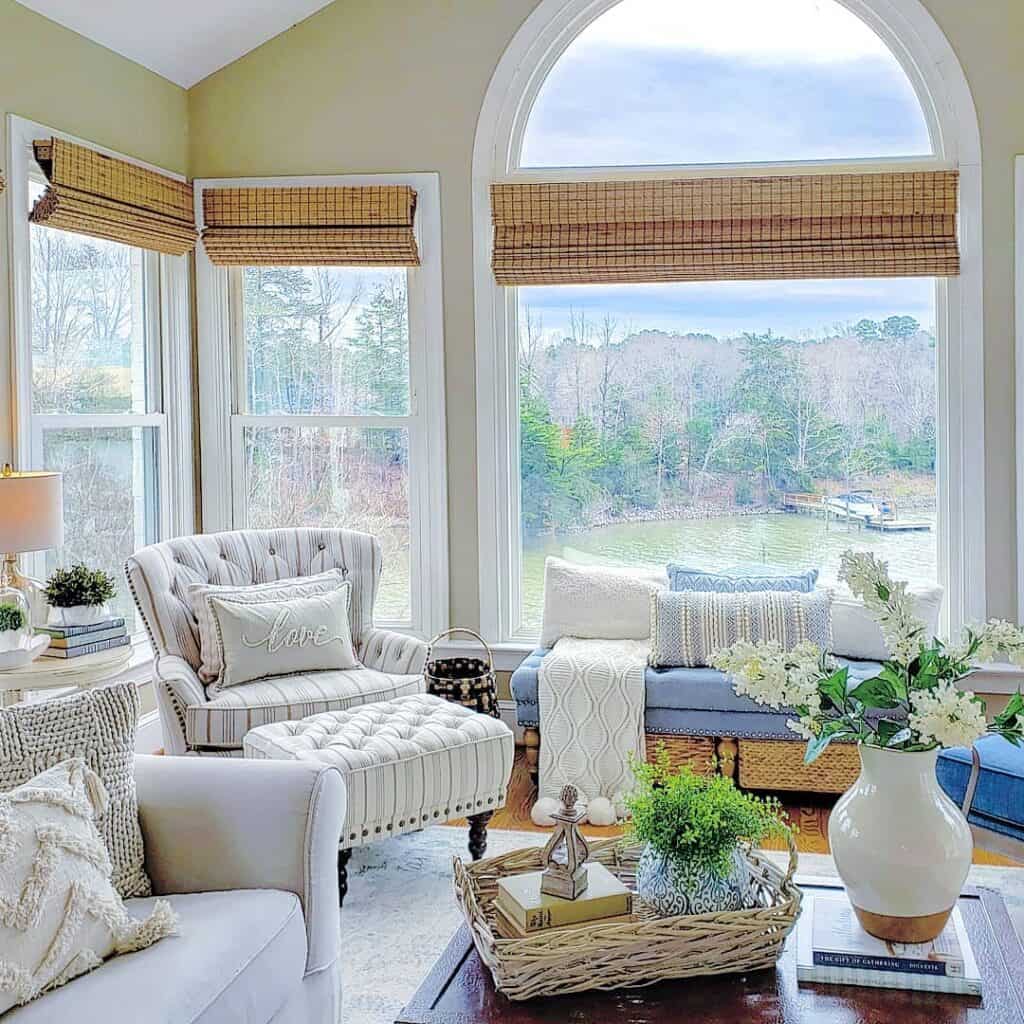 White Windows with Bamboo Roman Shades