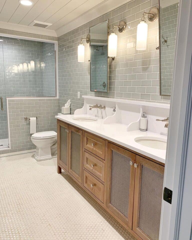Subway Tile Bathroom with White Countertops