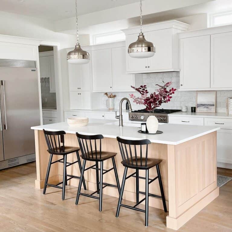 White and Wood Kitchen Island with Black Stools