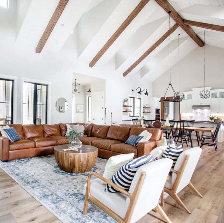 Wood Drum Coffee Table for Brown Leather Sectional