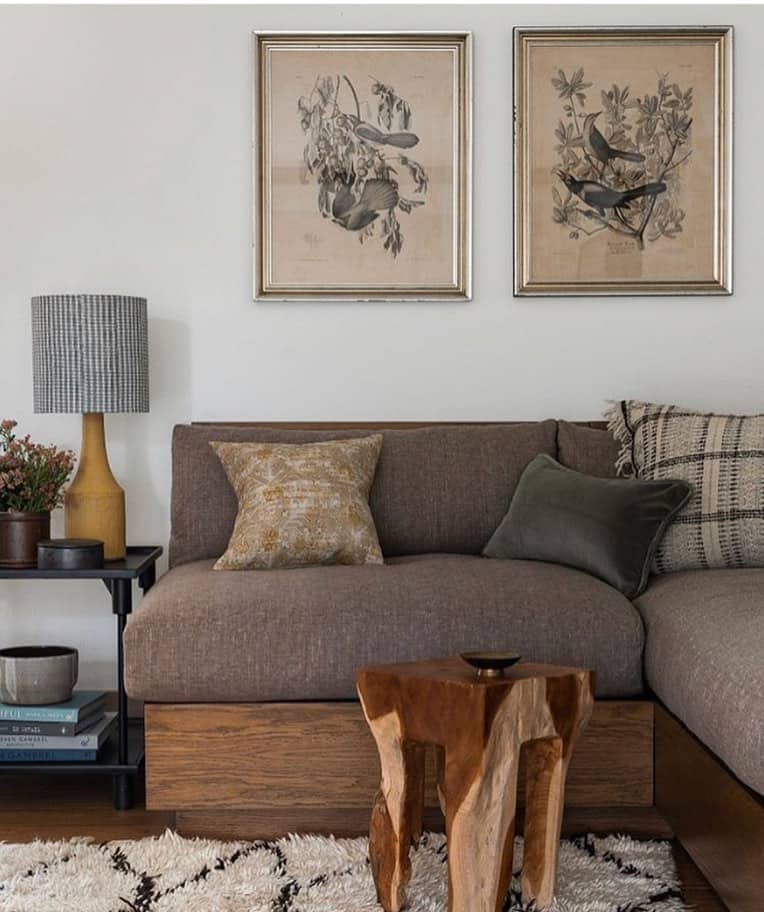 Wood Frame Couch with Brown Cushions