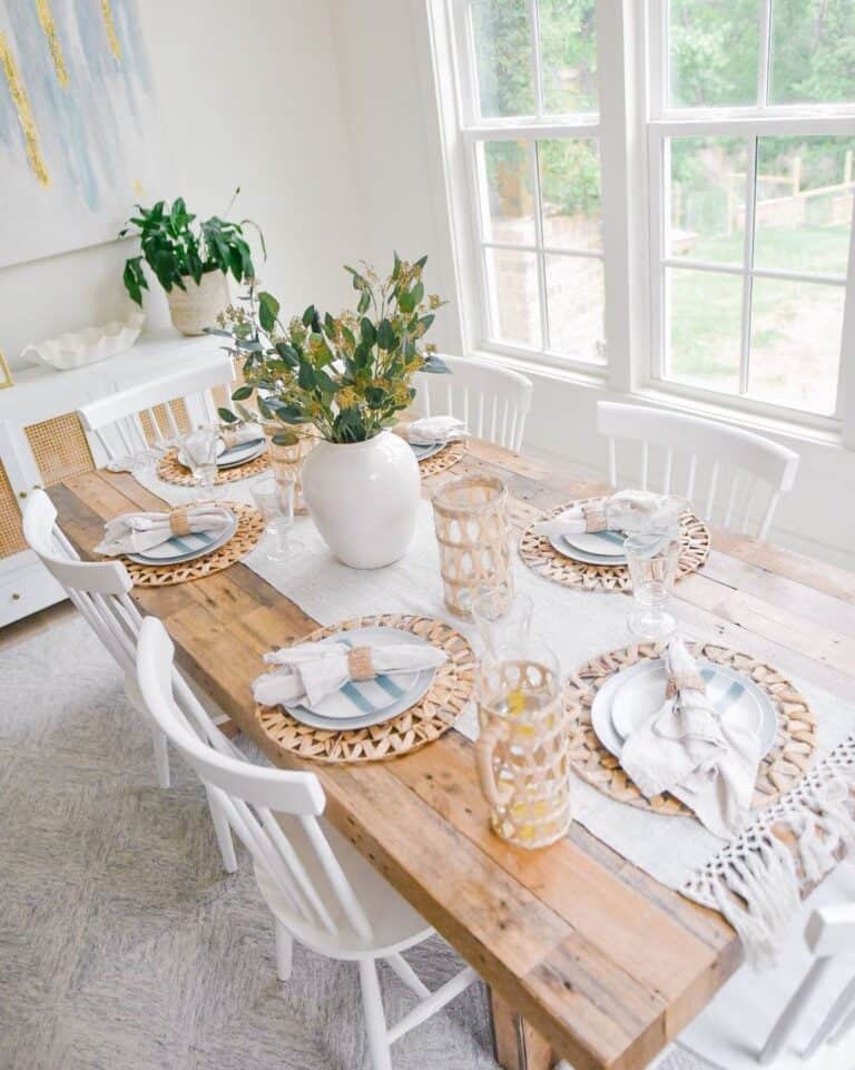 Wood Table with White Spindle Dining Chairs
