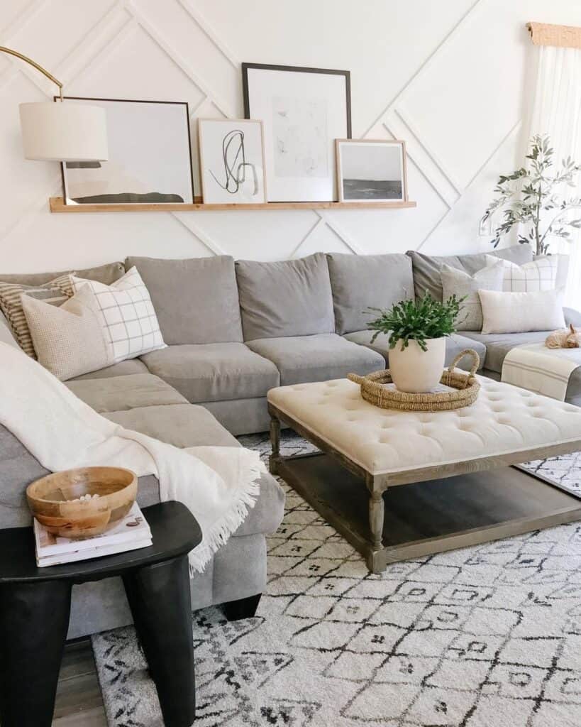 Wood and Beige Tufted Ottoman Coffee Table