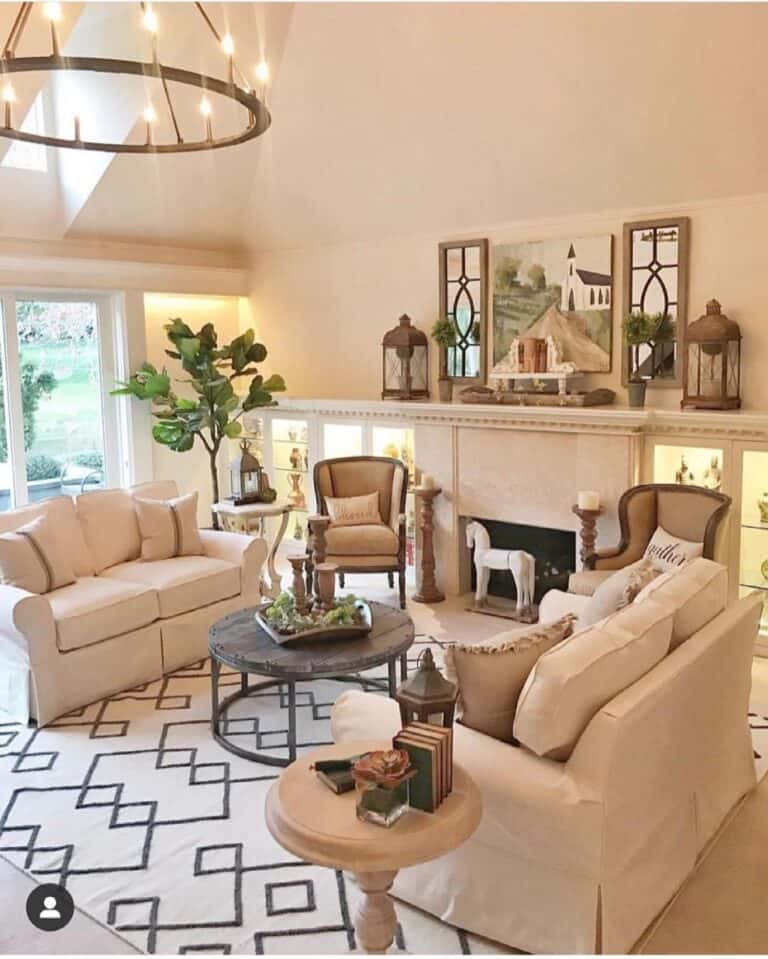 Wooden Farmhouse Decor Around Beige Loveseats