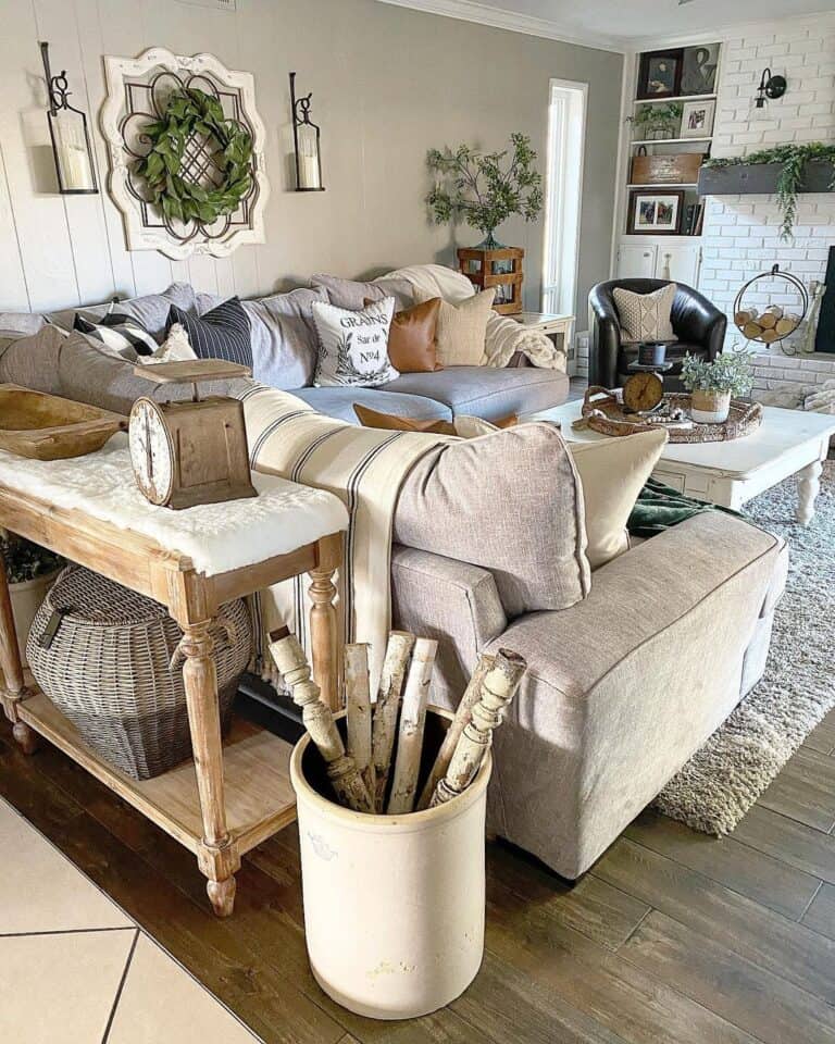 Wooden Sofa Table Behind Beige Couch