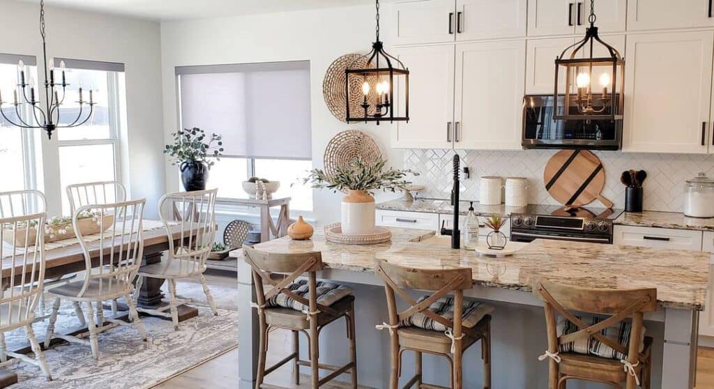 Wooden Table with White Windsor Dining Chairs