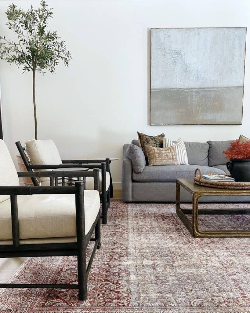 Gray Couch with Stained Wood Coffee Table