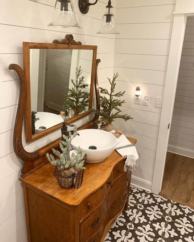 Antique Stained Wood Bathroom Mirror with Storage