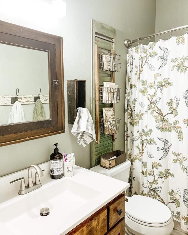 Antique Wood Bathroom Mirror with Storage
