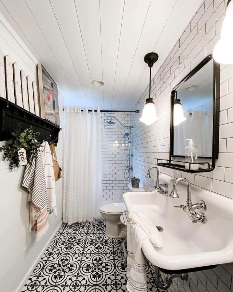 Bathroom with Black and White Mosaic Floor Tiles