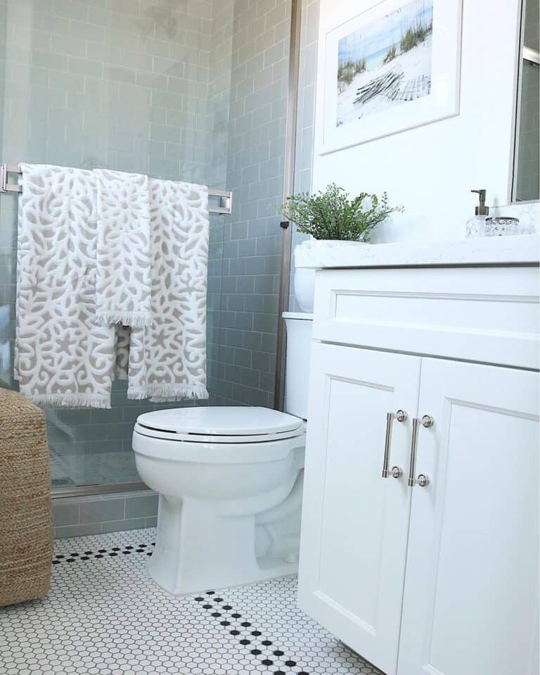 Bathroom with Black and White Penny Tile Floor