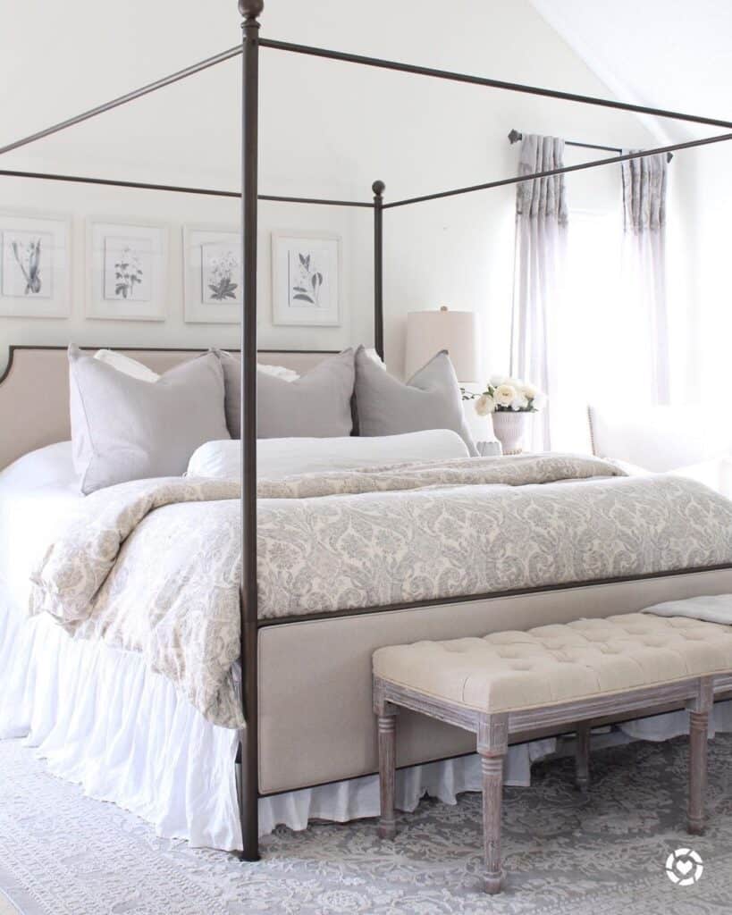 Beige and Bronze Metal Canopy Bed