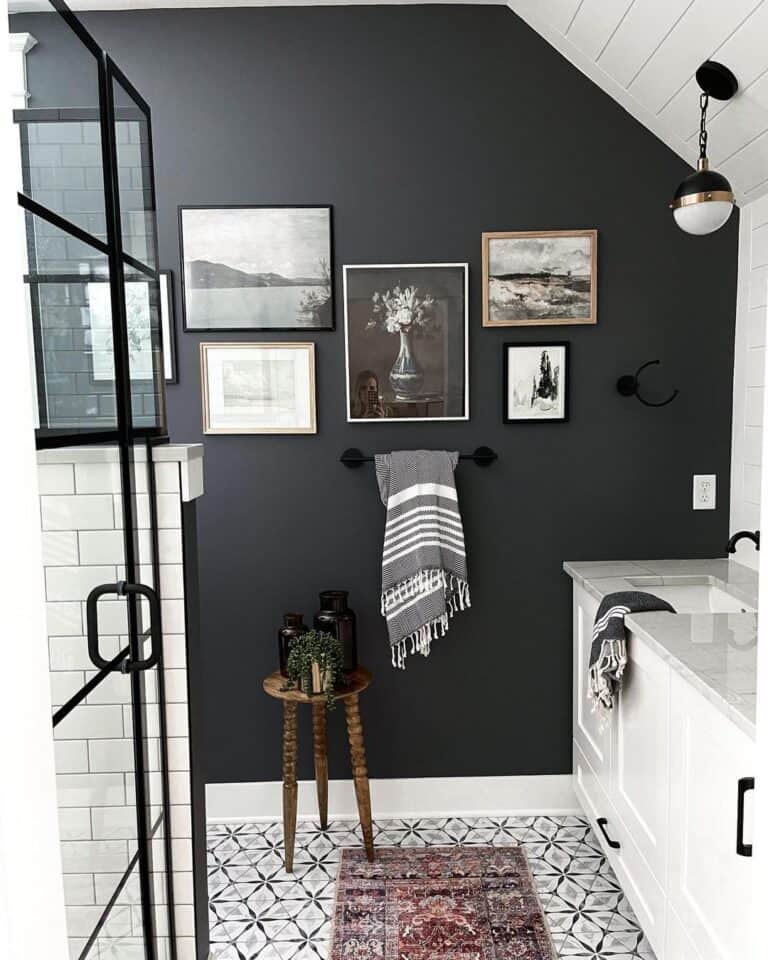 Black Bathroom with Mosaic Floor Tiles