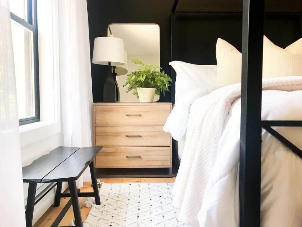 Black Canopy Bed with Wood Drawer Nightstand