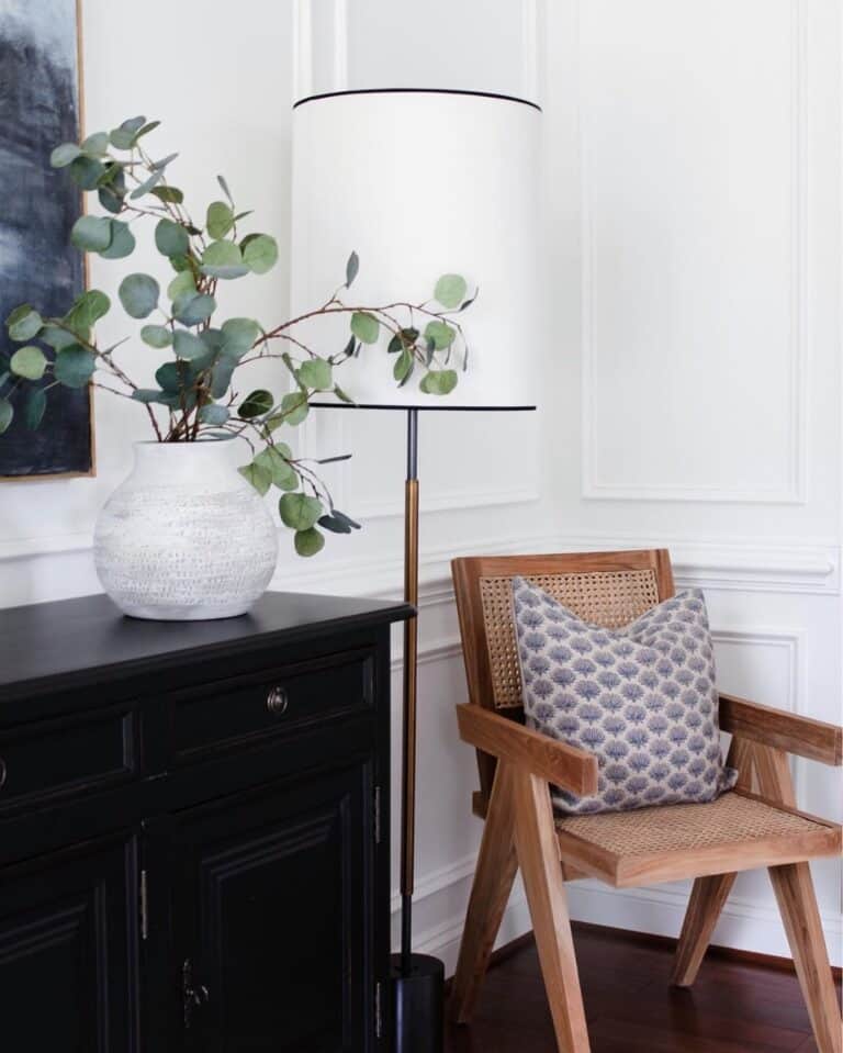 Black and Brass Floor Lamp with White Shade
