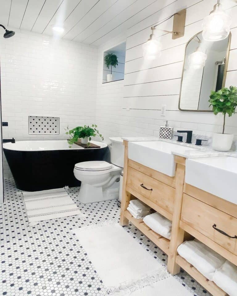Black and White Hexagon Tile Bathroom Flooring